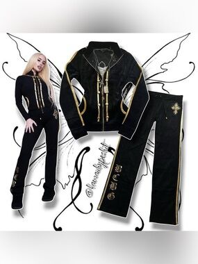 Vintage Y2K BCBG Goth Vibe Black Velour Tracksuit Set with Gold Trim